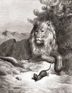 El León y el Ratón, de una edición de finales del siglo XIX de Fábulas de La Fontaine